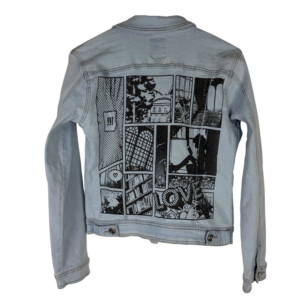 Blue Topic Women's Small Girl Power Comic Graphic Denim Jacket Light Wash - Picture 8 of 12